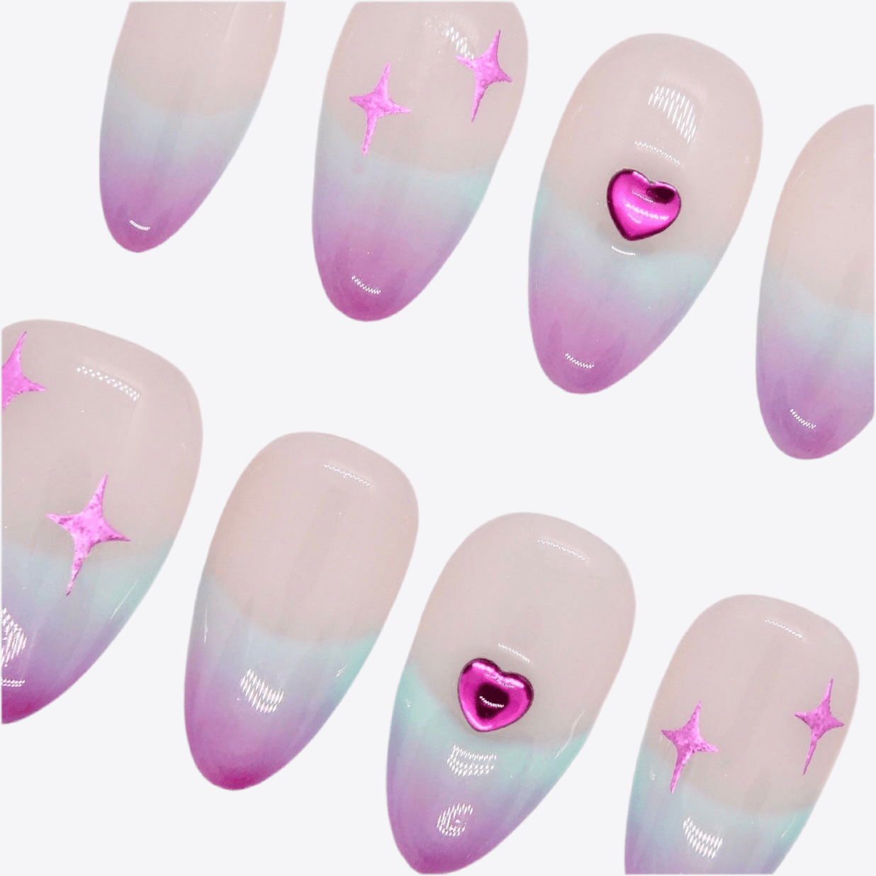 Soft Girl press-on nails featuring purple-pink ombré and sparkly pink star details.