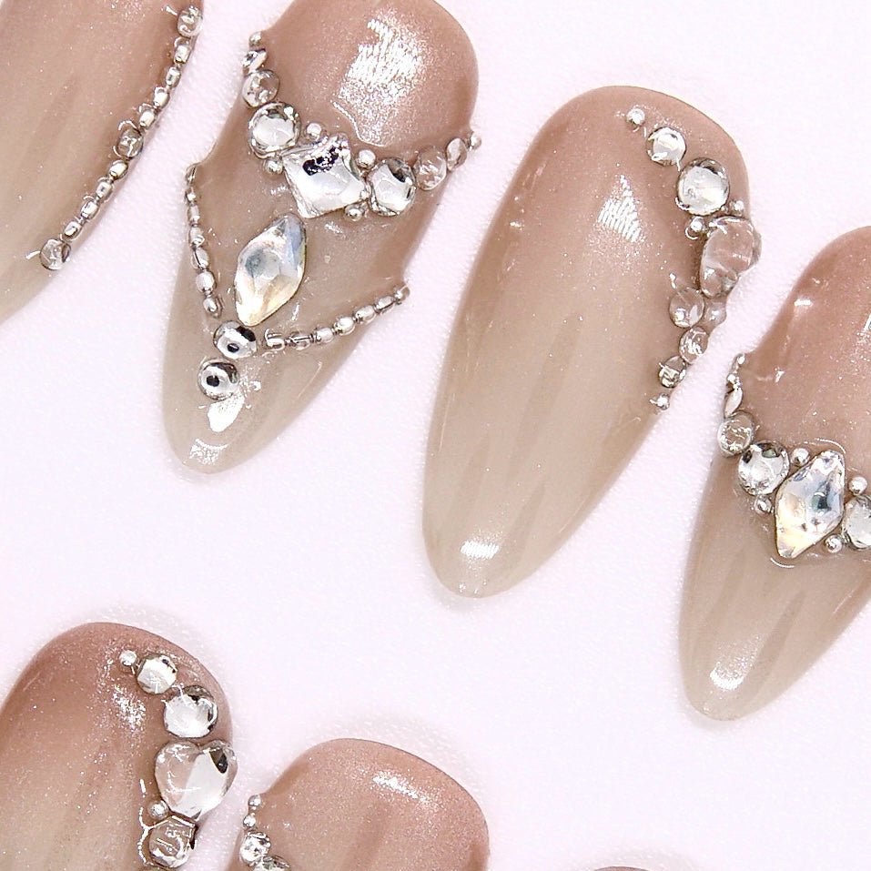 Handmade soft glam press-on nail set with rhinestone embellishments