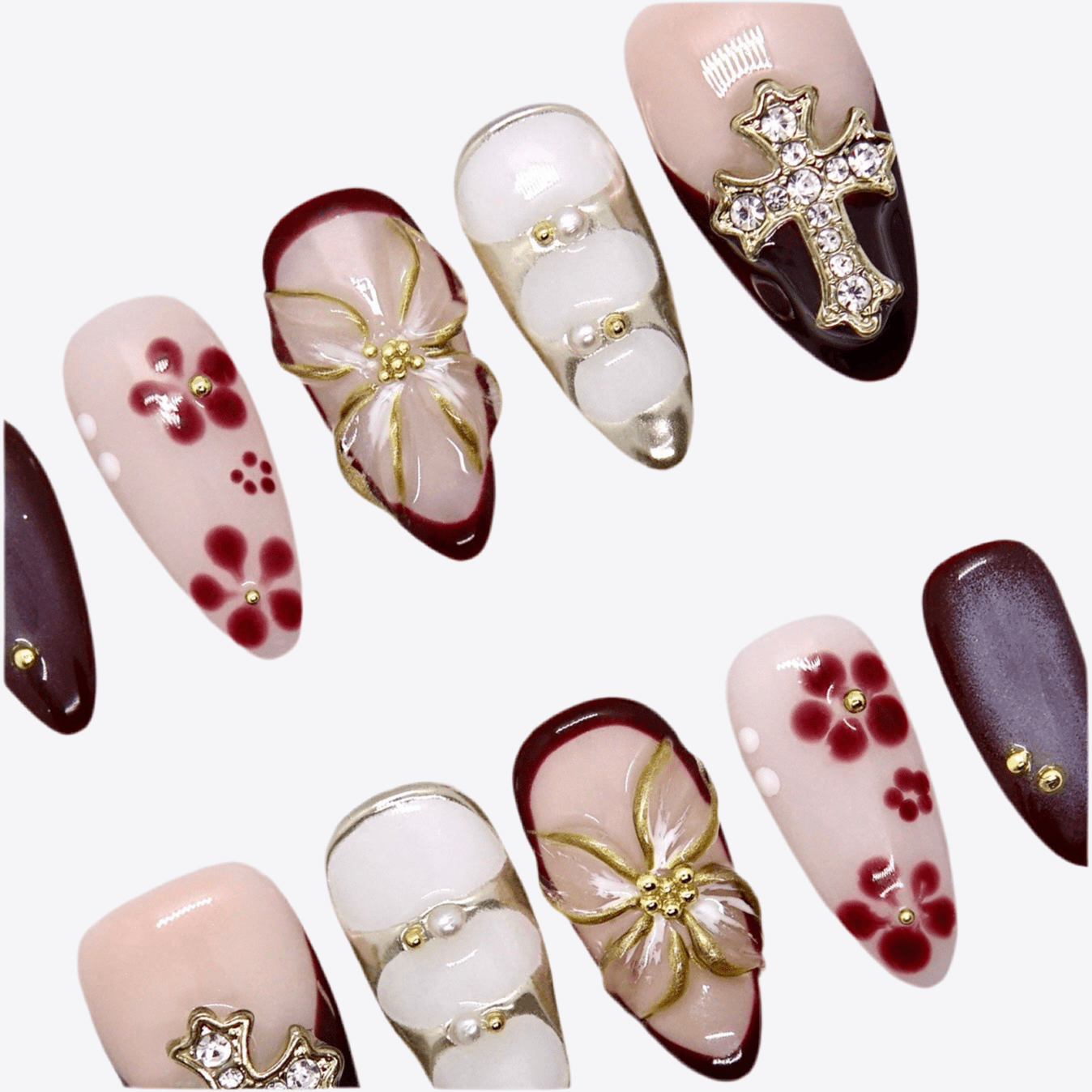 crystal cross embellishment on deep red press-on nail set