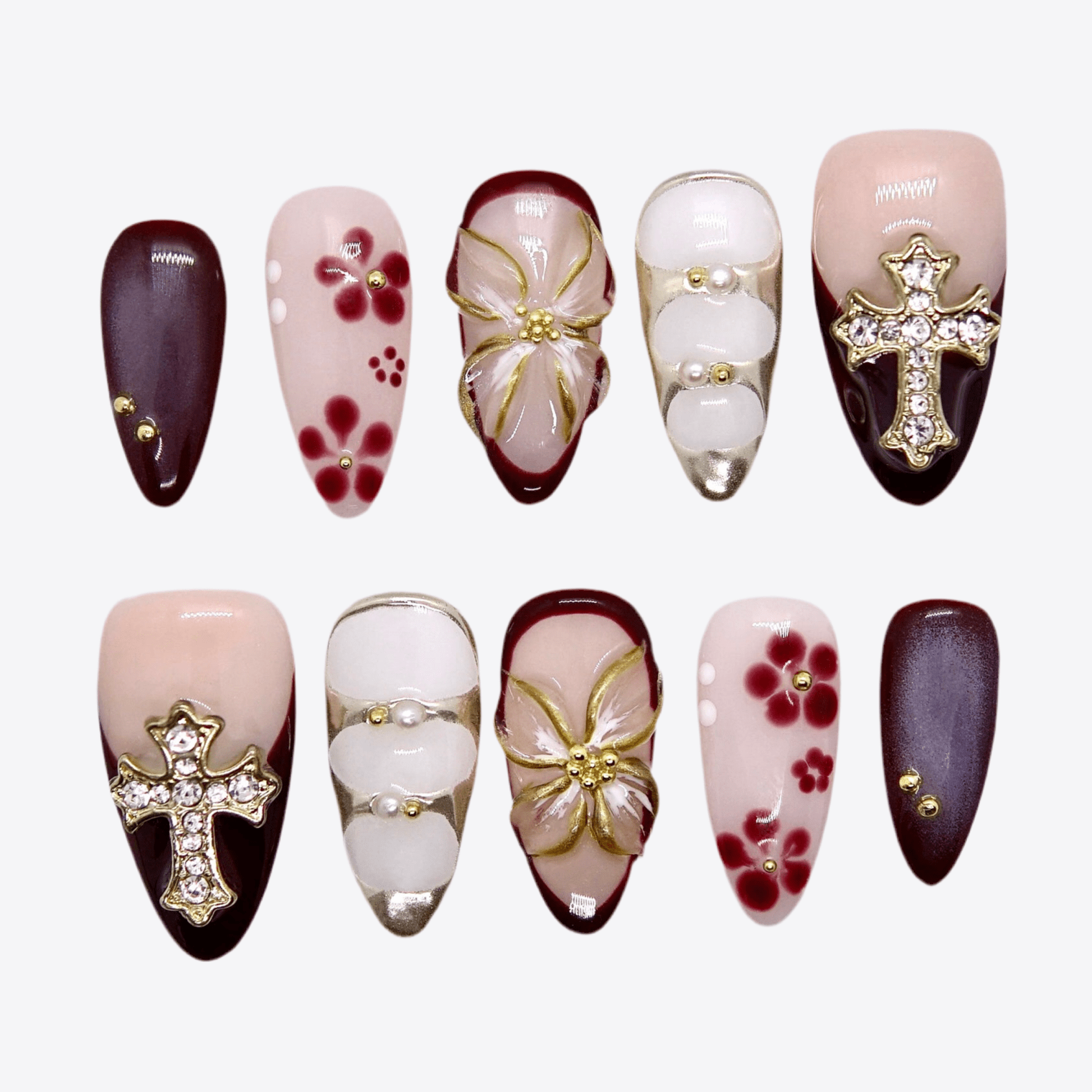 burgundy and nude cross-themed press-on nails with floral 3D design