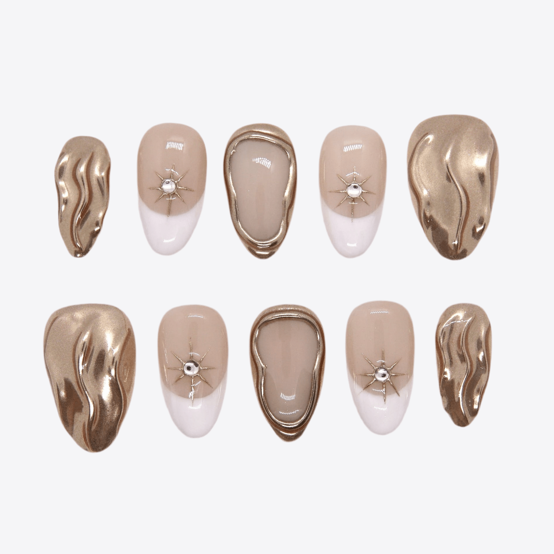 Nude French press-on nails with gold chrome accents and starburst studs from Simple Luxe Series.