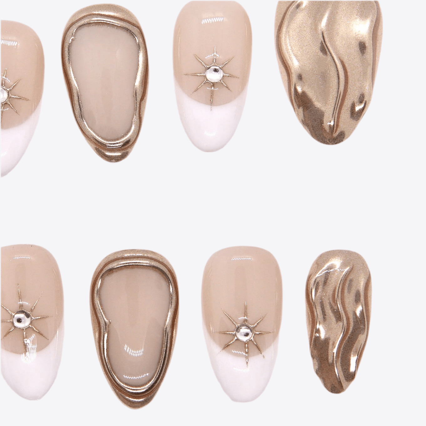 Detailed view of minimalist nude French base with metallic accents.