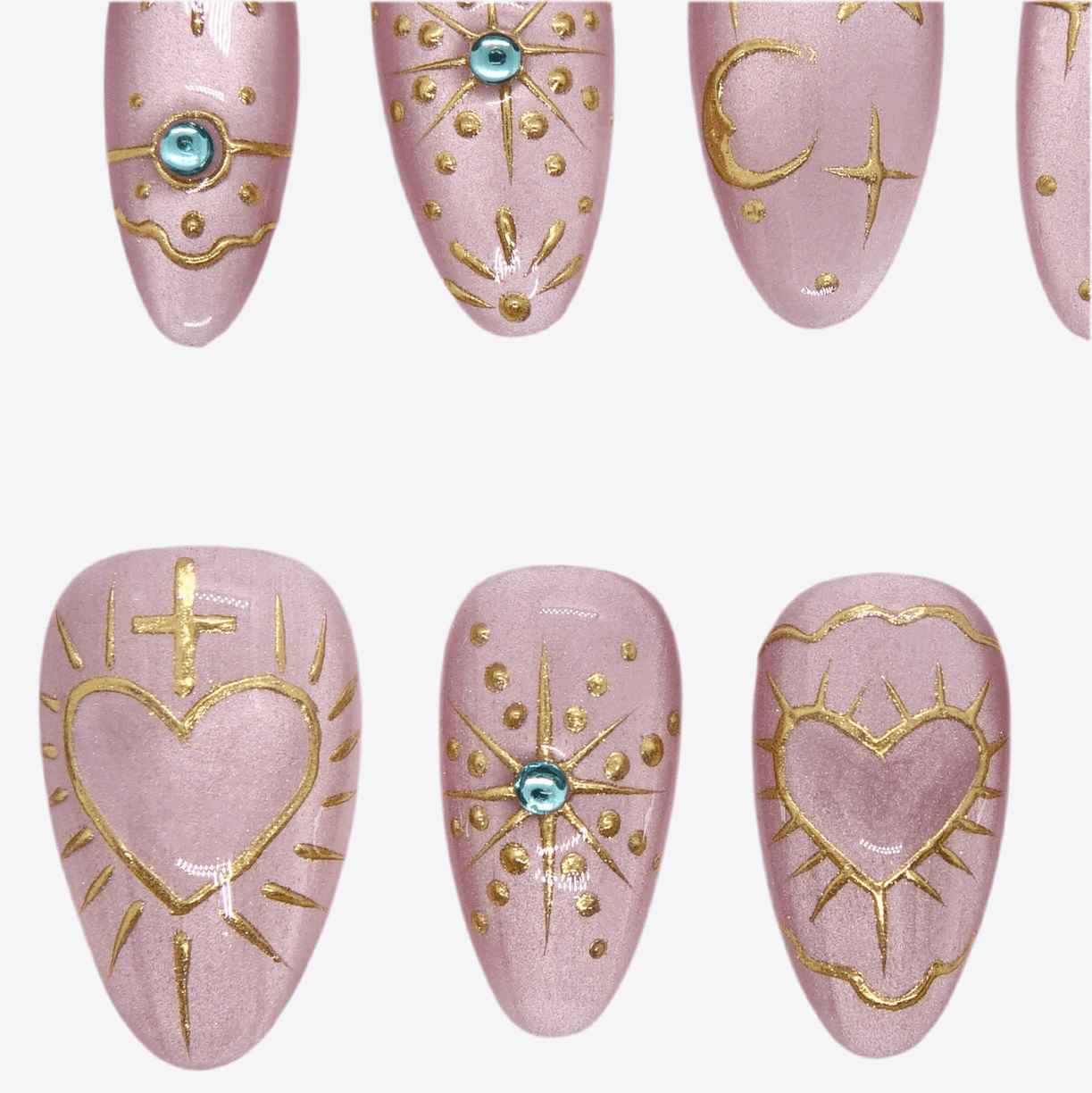 Detailed view of gem accents and shimmer lilac base on dreamy press-on nails.